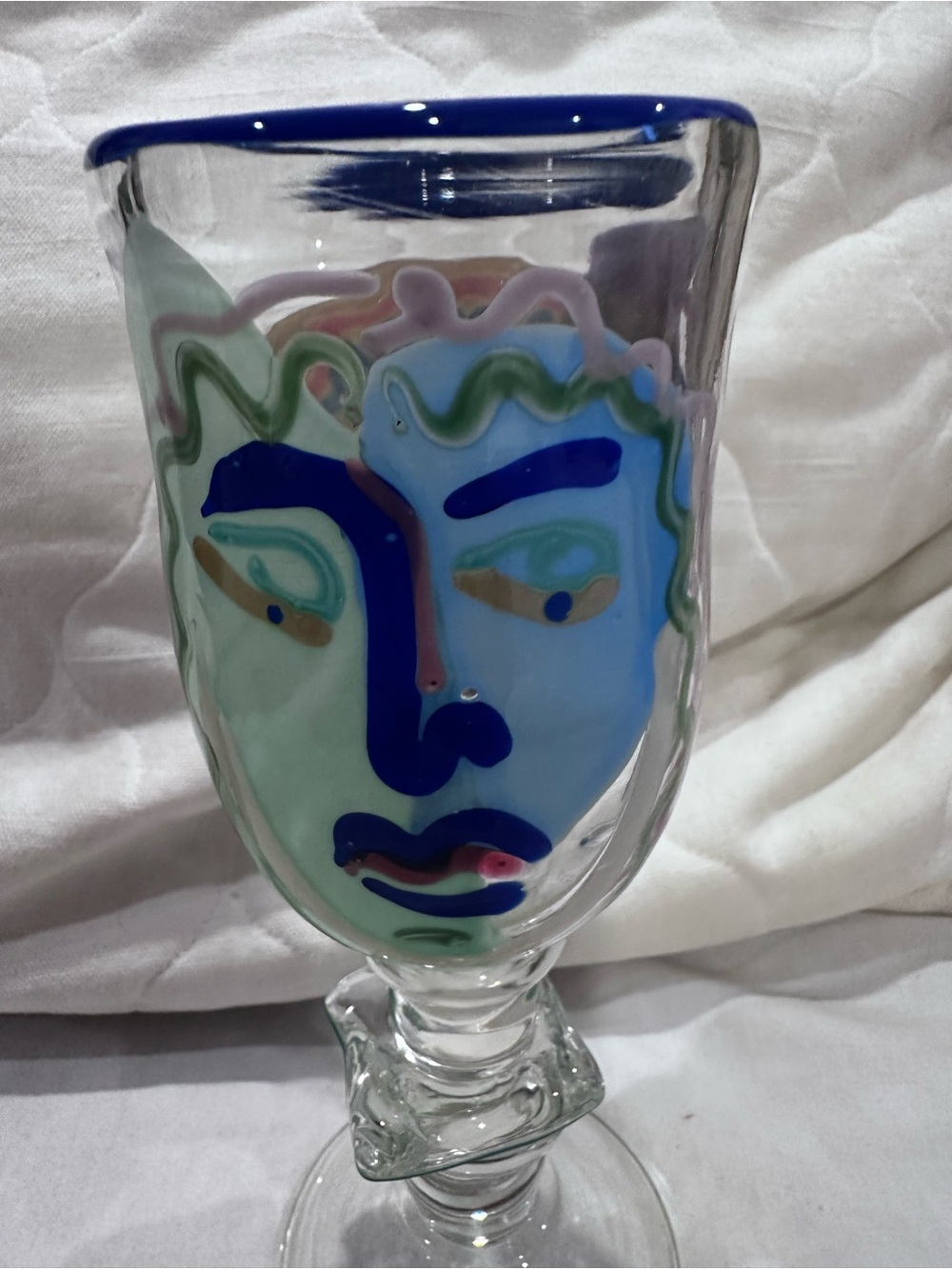 Bernstein Art Glass Goblets, Stemware, Vintage Art Glass Face Signed